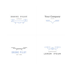 Collection of camera drones. Hand drawn vector logo templates. Aerial photography.