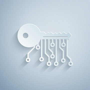 Paper cut Cryptocurrency key icon isolated on grey background. Concept of cyber security or private key, digital key with technology interface. Paper art style. Vector Illustration