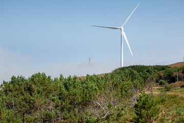 Wind farms on the Cabo Vilan Peninsula, La Coruña Province, Spain. In this place there is constantly fog, which continuously changes its shape.