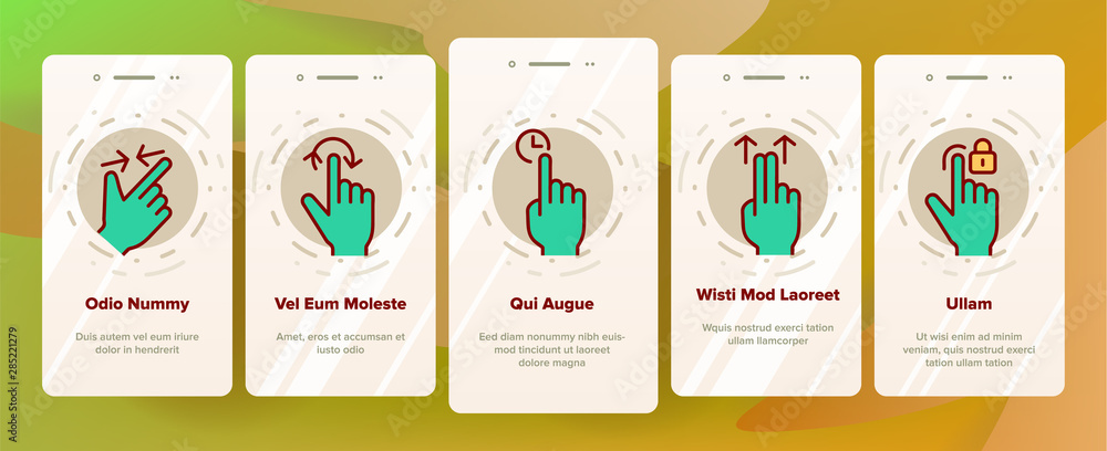 Poster color swipe gesture touches vector onboarding mobile app page screen. touchscreen swipe gesturing. d