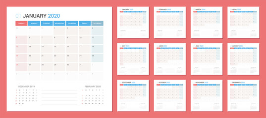 Calendar 2020 Planner Design. Week starts Sunday. Square shape simple style.