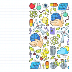 Vector logo, design and badge in trendy drawing style - zero waste concept, recycle and reuse, reduce - ecological lifestyle and sustainable developments icons. Drawing on squared notebook.