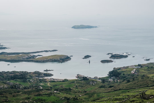 View of village of Bealtra and islands in Ireland