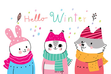 Cartoon cute animals winter, Rabbit and cat and fox vector.