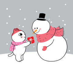 Cartoon cute winter, cat and snowman and gift vector.
