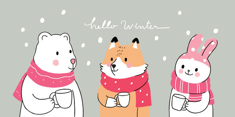 Cartoon cute winter, Polar bear and fox and rabbit drink coffee vector.