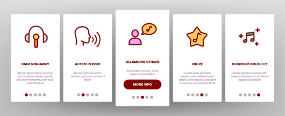 Color Different Singing Icons Set Vector Onboarding Mobile App Page Screen. Singing And Listening Song And Music In Karaoke, Concert, Tape-recorder Or Audiophone. Illustrations