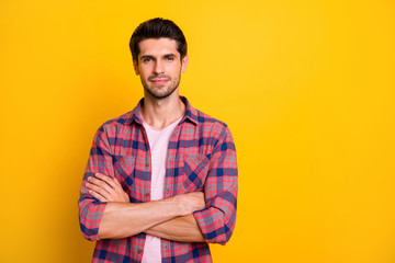 Photo of confident person taking part in creating business project that will glorify him while isolated with yellow background