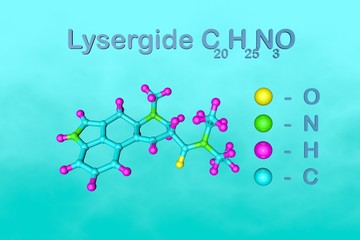 Structural chemical formula and molecular model of lysergide (LSD), a semi-synthetic potent hallucinogen. Medical background. Scientific background. 3d illustration