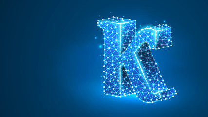 Kappa, the letter of a Greek alphabet. Greek numerals, mathematical number twenty concept. Abstract, digital, wireframe, low poly mesh, Raster blue neon 3d illustration. Triangle, line dot