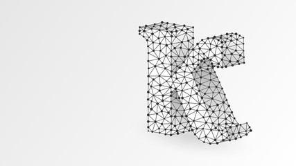 Kappa, the letter of a Greek alphabet. Greek numerals, mathematical number twenty concept. Abstract, digital, wireframe, low poly mesh, raster white origami 3d illustration. Triangle, line dot