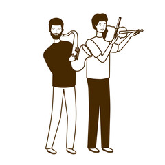 silhouette of men with musicals instruments on white background