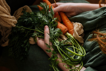 Fresh carrots in children's hands