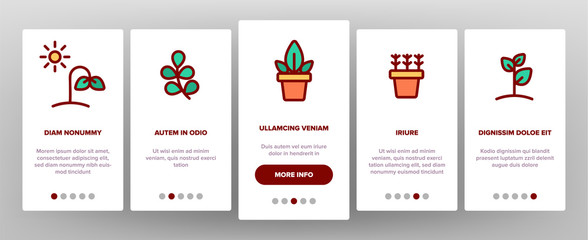 Color Different Plants Sign Icons Set Vector Onboarding Mobile App Page Screen. House Plants, Gardening And Leaves Assortment. Nature Decoration And Tree Bunch Contour Illustrations