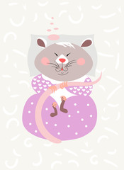 Wild forest animals. A cute little gray mouse in a lilac dress is sleeping sweetly. Scandinavian style of baby design. Illustration, poster, postcard.