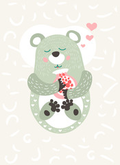 Wild forest animals. A cute little bear holds a jar of jam and sleeps sweetly. Scandinavian style of baby design. Illustration, poster, postcard. Illustration.