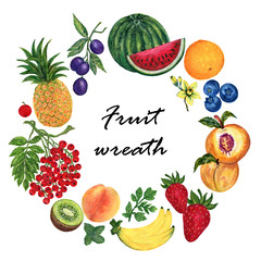watercolor illustration of different organic fresh fruit foods smoothies peach, plum, watermelon, pineapple, prune, berries , orange, banana  frame banner wreath