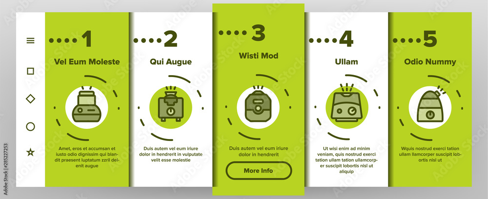 Poster color different humidifier icons set vector onboarding mobile app page screen. climatic system equip
