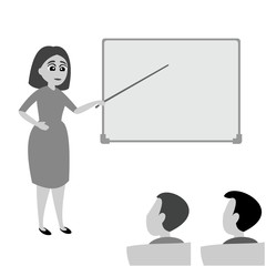Teacher woman explains task to students. School lecture hall interior. Flat vector illustration of grayscale color.