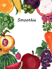 Beautiful frame invitation card with hand painted watercolor fruit and vegetable on white background  hand paint