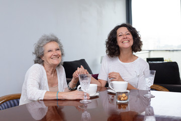 Happy mother and daughter holding hands. Cheerful senior mother and middle aged daughter sitting at table with cups and glasses at home. Spending time together concept