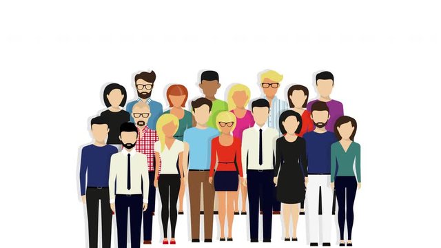 Group of creative people as a community isolated on white. Growing crowd of users, subscribers, customers or project team. Graphic animation for web and promo video flat modern design
