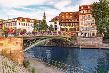 A classic cityscape with river and bridge in the Little France area of Strasbourg