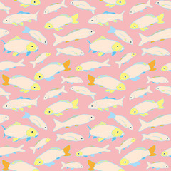 Fototapeta na wymiar Colorful sealife goldfish koi seamless pattern. With geometric touch in tones of blue, pink and yellow. Modern, graphic, simple style. Perfect for restaurant menue, packaging design, aqua and sea