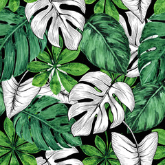 Tropical leaves seamless pattern. Hand drawing with watercolor and ink pen.