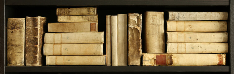 ancient books on wooden shelf in a private library.