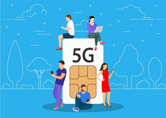 5g technology concept. Can use for web banner, infographics. networks people concep. men and women using high speed wireless connection 5G. Vector illustration in flat style