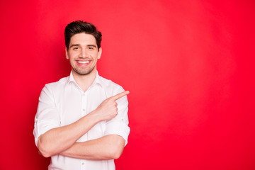 Portrait of his he nice attractive cheerful cheery content guy employee employer pointing...