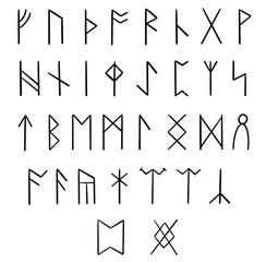 Anglo-Saxon futhark runic font. 33 runes. ABC hand drawn letters. Ancient futhark. Black symbols are isolated on white background.