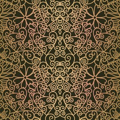 Seamless golden lace ornament on dark background. Print for fabric, wallpaper, wrapping design.