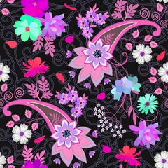 Seamless paisley ornament with mandala and bouquets of garden flowers on ornate lace background.