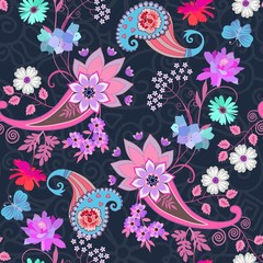 Seamless oriental pattern with paisley, mandala, butterflies and bunches of garden flowers on beautiful lace background.