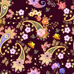 Seamless ethnic ornament with bouquet of garden flowers, butterflies, mandala and paisley on lace background. Indian, turkish motifs.
