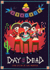 Day of the dead poster with three mariachi playing music and birds over them carry paper flag garland. Vector illustration