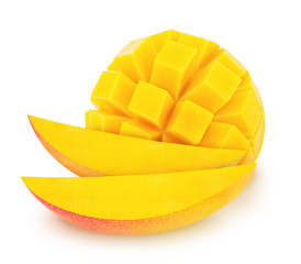 Composition with whole and cutted ripe mangoes isolated on white background. As design element.