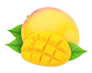 Composition with whole and cutted tropic mangoes with leaves isolated on white background. As design element.