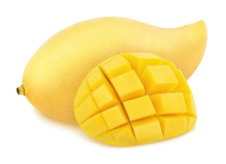 Composition with whole and curved thai mangoes isolated on white background. As design element.