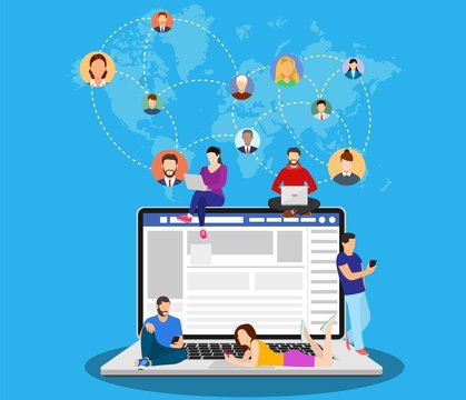 Social network web site surfing concept, people connecting all over the world. Vector illustration in flat style