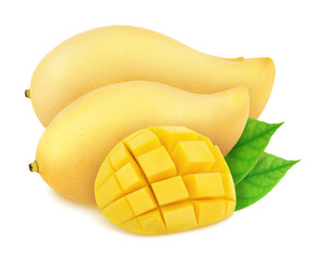 Composition with whole and curved thai mangoes with leaves isolated on white background. As design element.