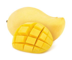 Composition with whole and curved thai mangoes isolated on white background. As design element.
