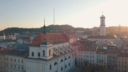 Fototapeta premium Aerial City Lviv, Ukraine. European City. Popular areas of the city. Town Hall