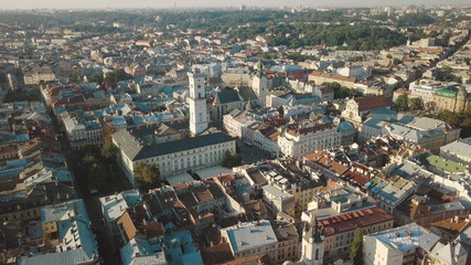 Fototapeta na wymiar Aerial City Lviv, Ukraine. European City. Popular areas of the city. Town Hall