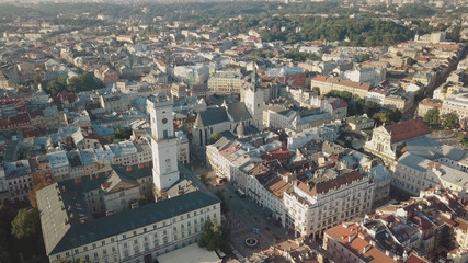 Fototapeta premium Aerial City Lviv, Ukraine. European City. Popular areas of the city. Town Hall