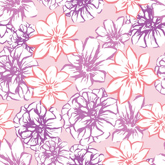 Fototapeta na wymiar Vector floral hand drawn seamles pattern. Pink and purple colorful botanical backround great for fabric and wallpaper.