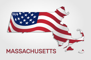 Map of the state of Massachusetts in combination with a waving the flag of the United States. Massachusetts silhouette or borders for geographic themes - Vector