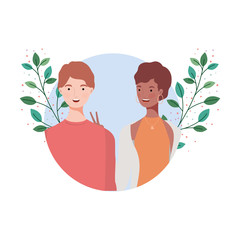 couple of people with landscape of branches and leaves of background